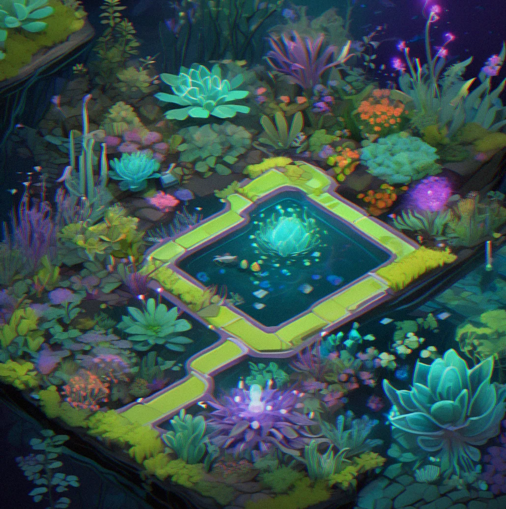 Fully thriving garden with animated flowing channels, mature plants, pulsing energy nodes and bioluminescent effects at peak activity