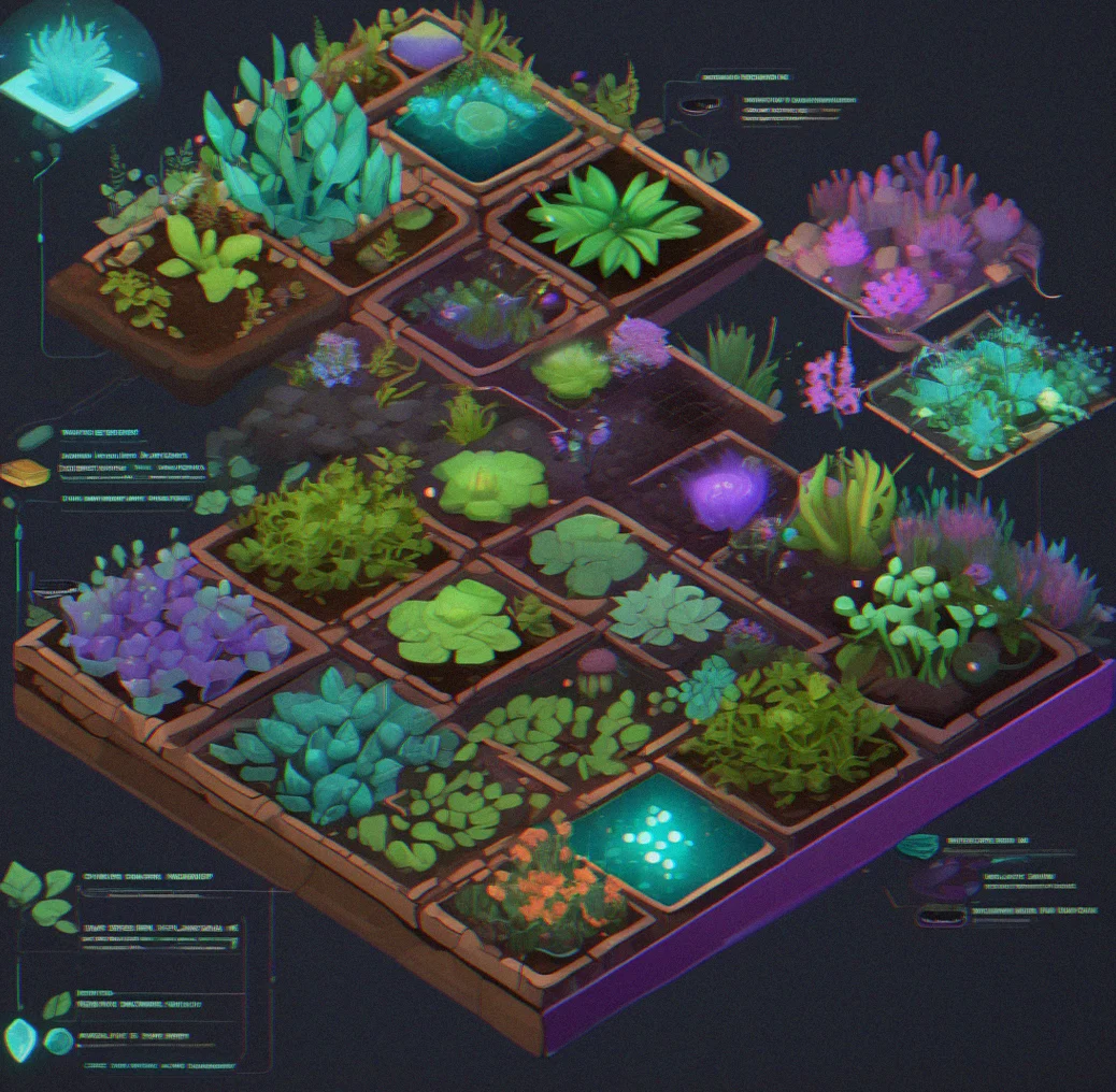 Grid showing brown soil nodes with numeric nutrient values, plant modules nearby, and converters adding to reserves