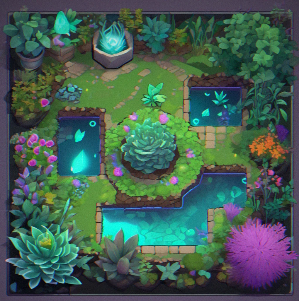 Customization panel showing plant color swatches, node variants, and background theme options overlaid on an active garden