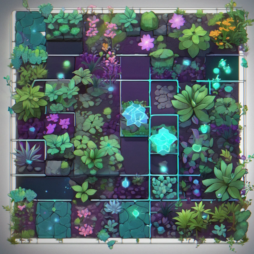 Top-down view of a 6x6 grid with three distincg plant modules positioned with visible connection lines between nodes