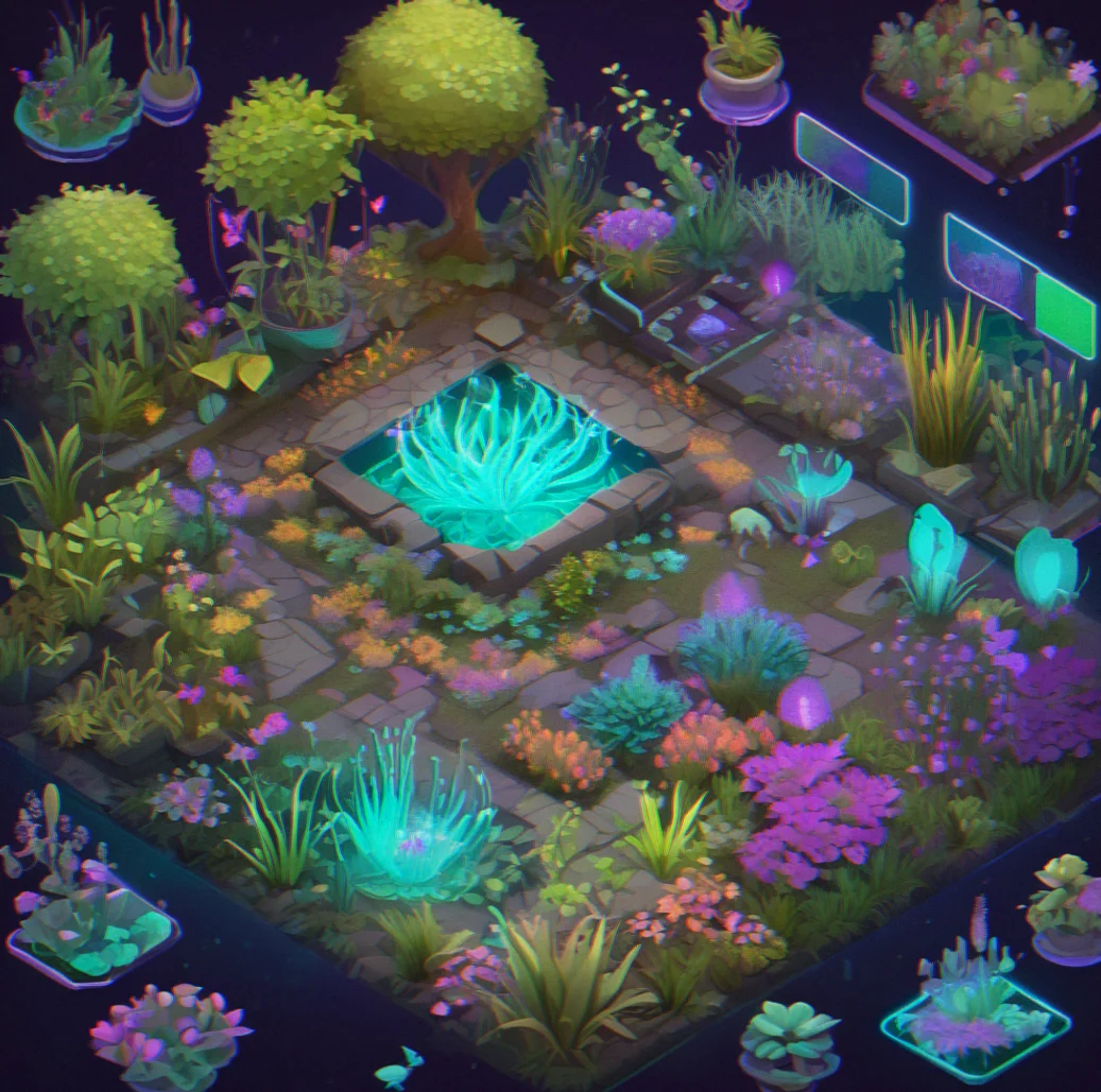 Customization menu showing color swatches, plant variety icons, and theme options overlaid on a styled garden