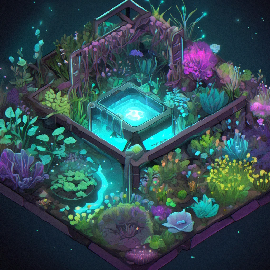 Animated garden view with glowing resource channels, growing plants and pulsing energy nodes in soft bioluminescent tones