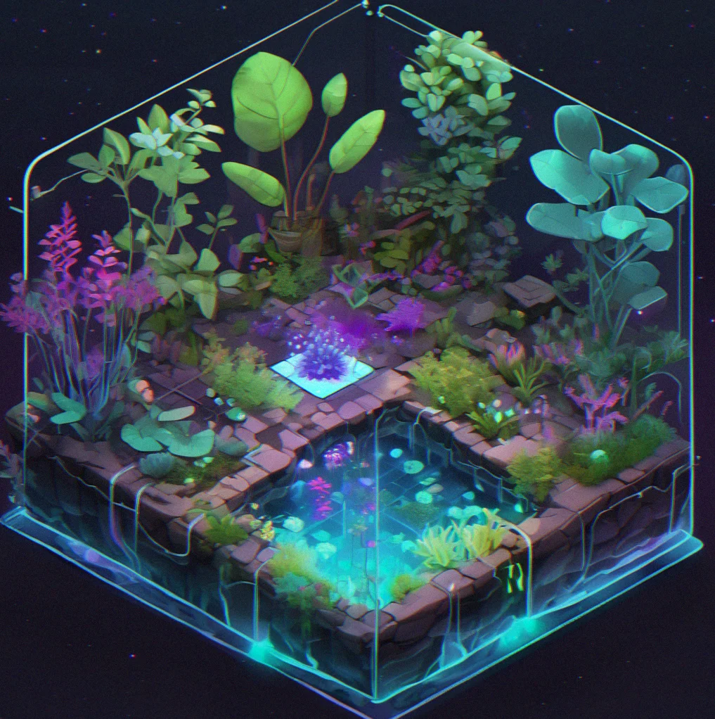 Someone leaning toward you with an open expression, tending to a glowing ecosystem grid with animated water channels and plant modules