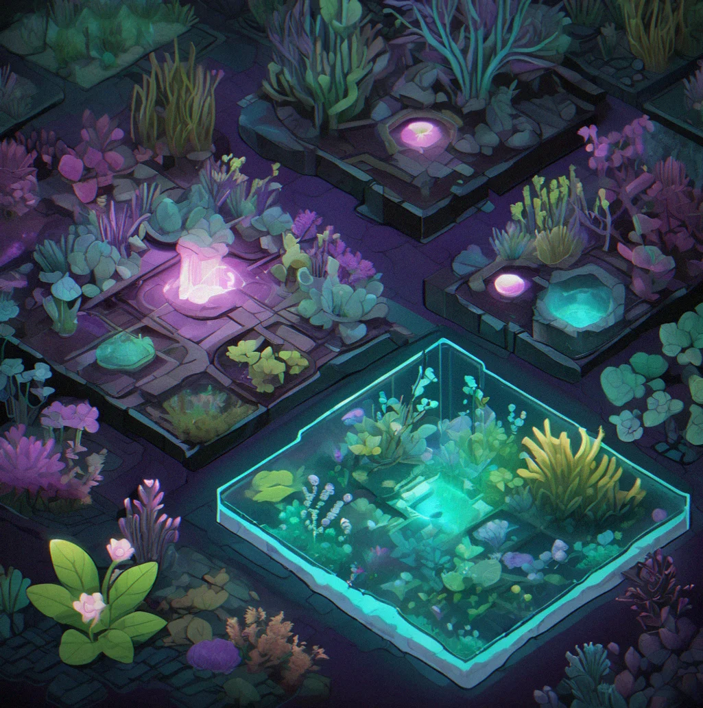 Five interconnected modules spread across a wider grid, different resources flowing at the same time, energy converters feeding into separate zones, plants dressed up in purple and teal skins