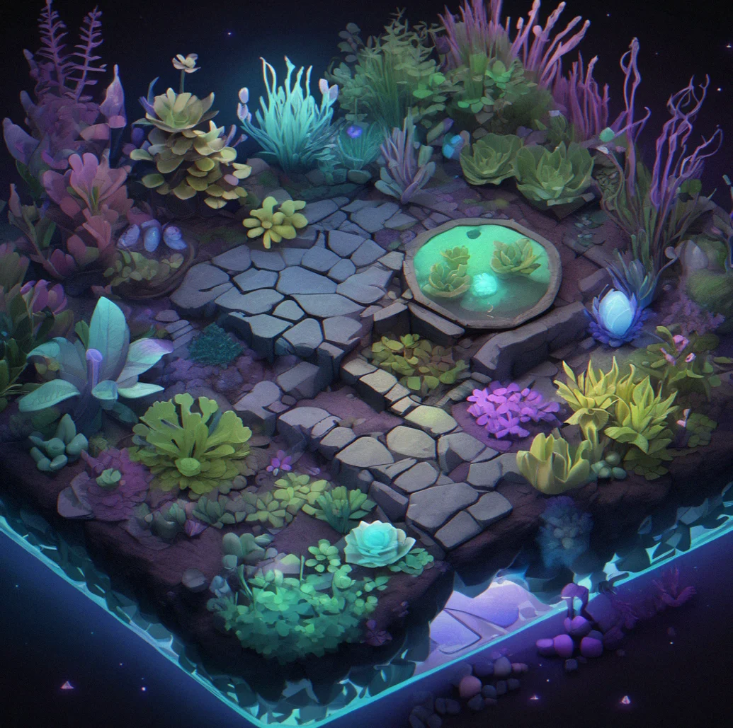 Seven modules working as a real ecosystem, hybrid nodes that change what they do based on what hits them, branching paths for energy moving everywhere, bioluminescent effects throughout, glowing channels showing resources flowing live