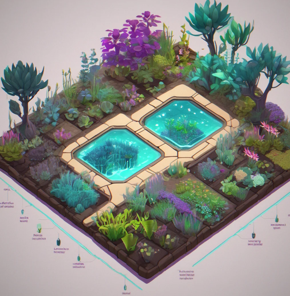 Early-game grid showing three basic plant modules with simple water and nutrient channels, minimal visual customization, clean interface layout