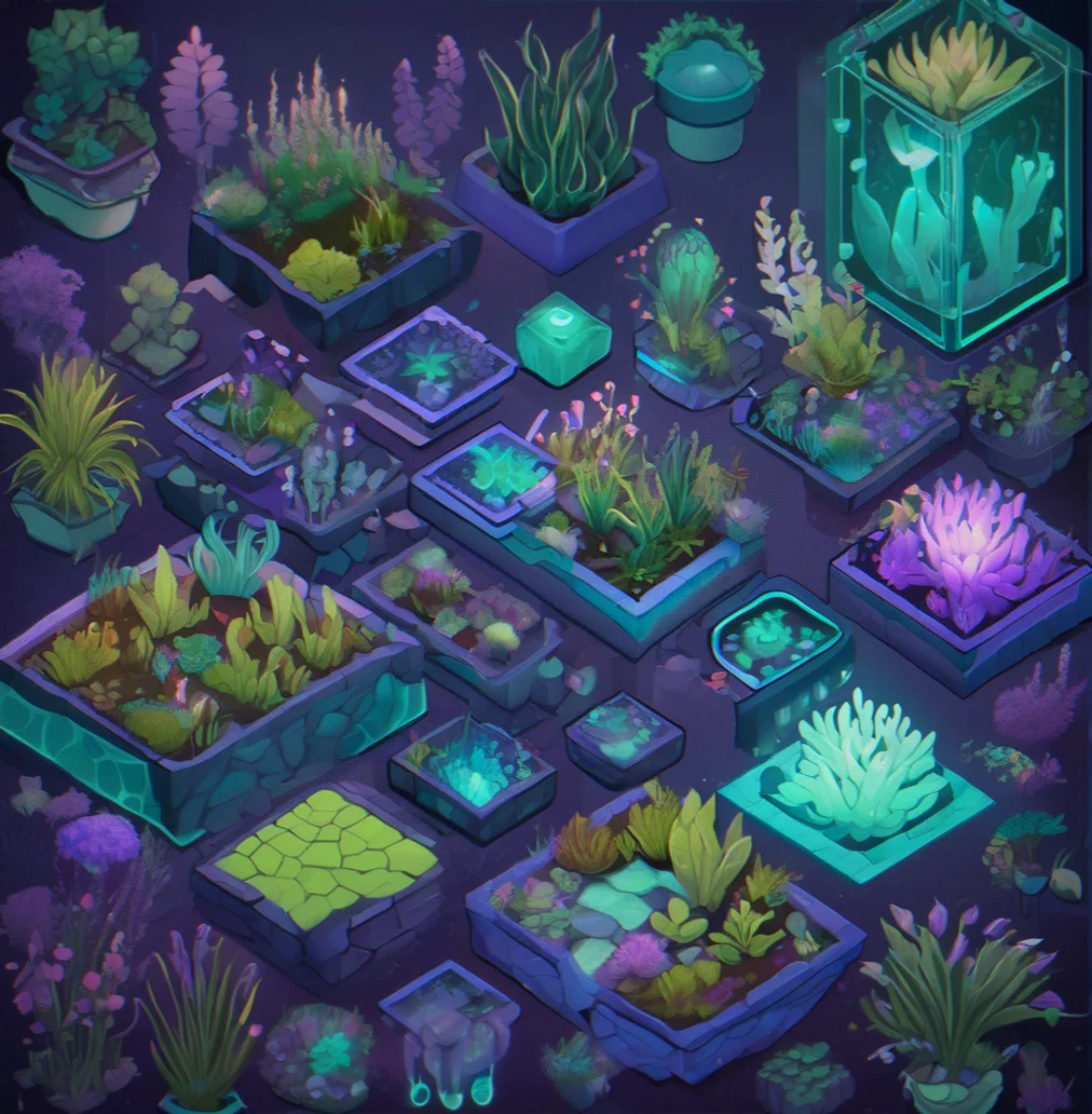 Mid-progression garden with customized plant skins in purple and teal, colored node variants, and a styled background environment with bioluminescent accents