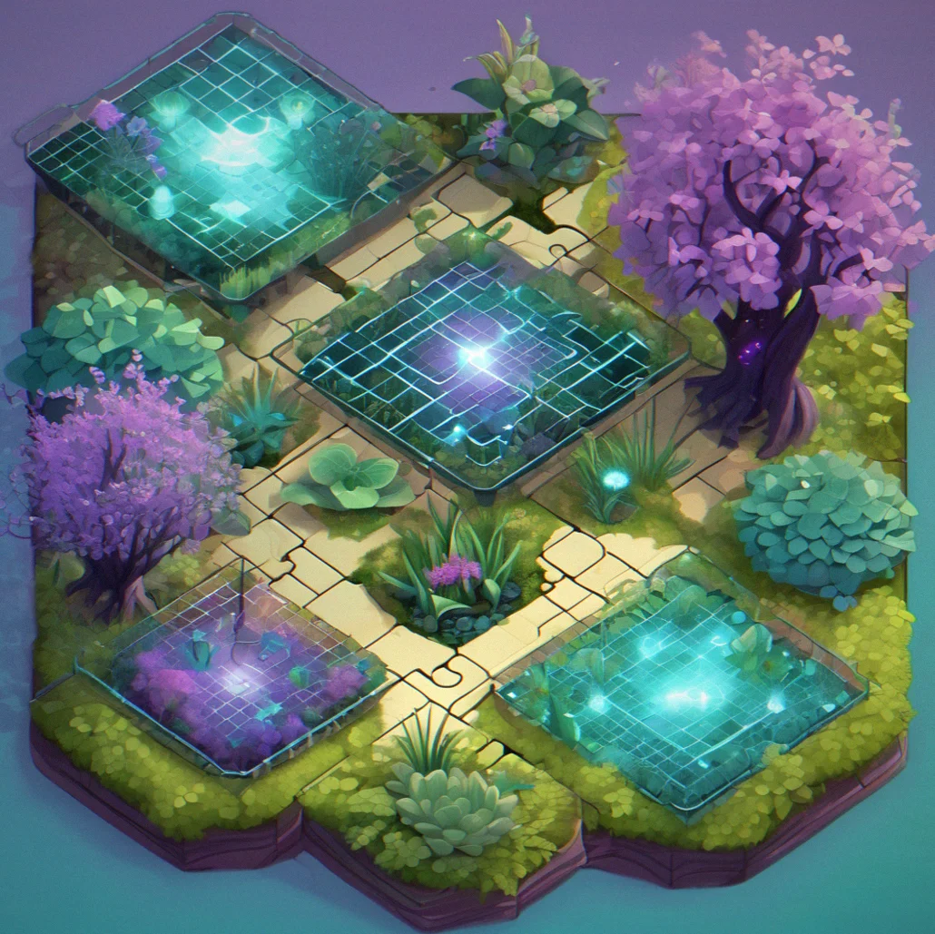 Advanced puzzle showing seven interconnected modules across an 8x8 grid, hybrid nodes with branching resource paths and energy distribution visualization — that complexity builds gradually