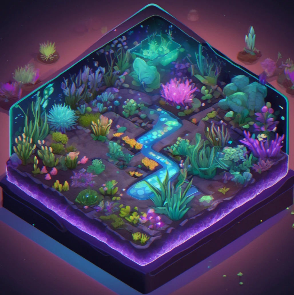 Completed thriving ecosystem with animated glowing resource channels, growing plants at full maturity, pulsing energy nodes, and a fully customized aesthetic with thematic background elements