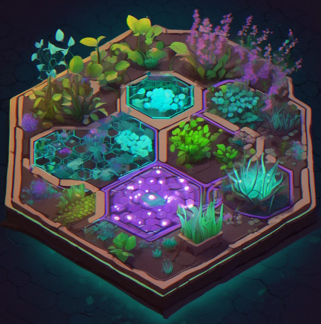 Isometric garden ecosystem with plant nodes and energy conduits on a hexagonal grid, lit by soft bioluminescent glow