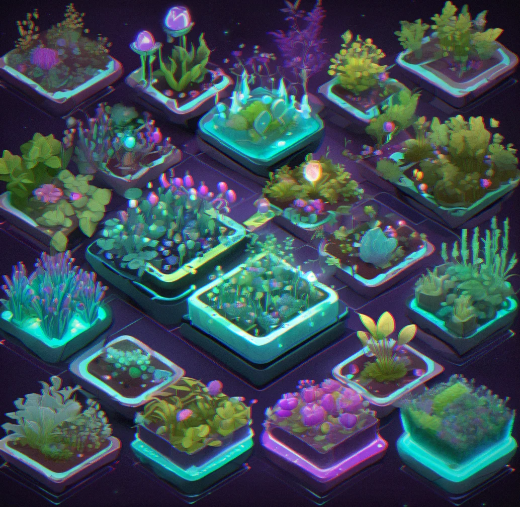 Eight-by-eight grid packed with seven modules, hybrid nodes shifting, resources flowing in multiple directions at once, plants at full size