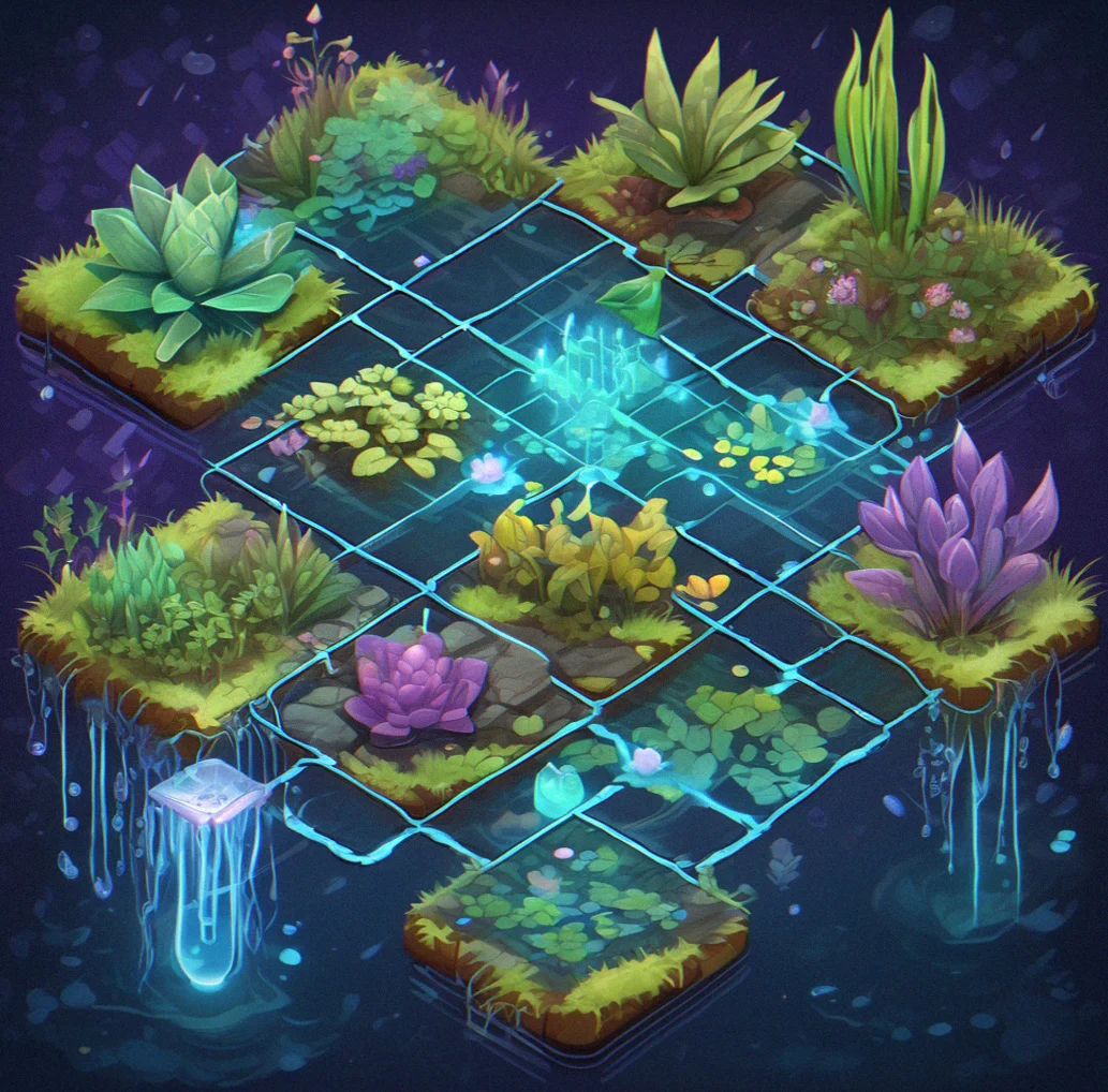 Top-down view of a 6x6 grid with three plant modules arranged in a triangle, water flowing down from the top, blue lines tracing where resources move