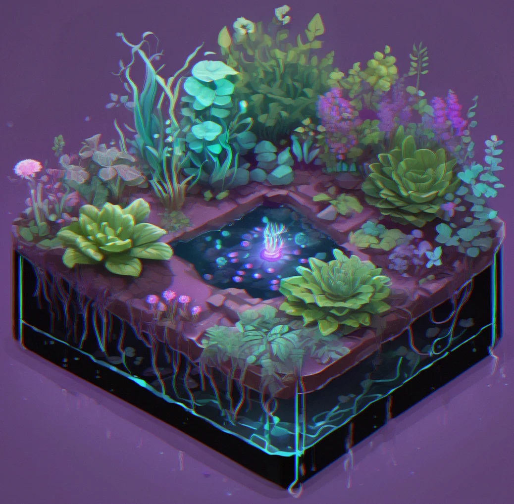 Single plant module in purple with roots showing underneath, nutrient nodes glowing, water drops falling through the system
