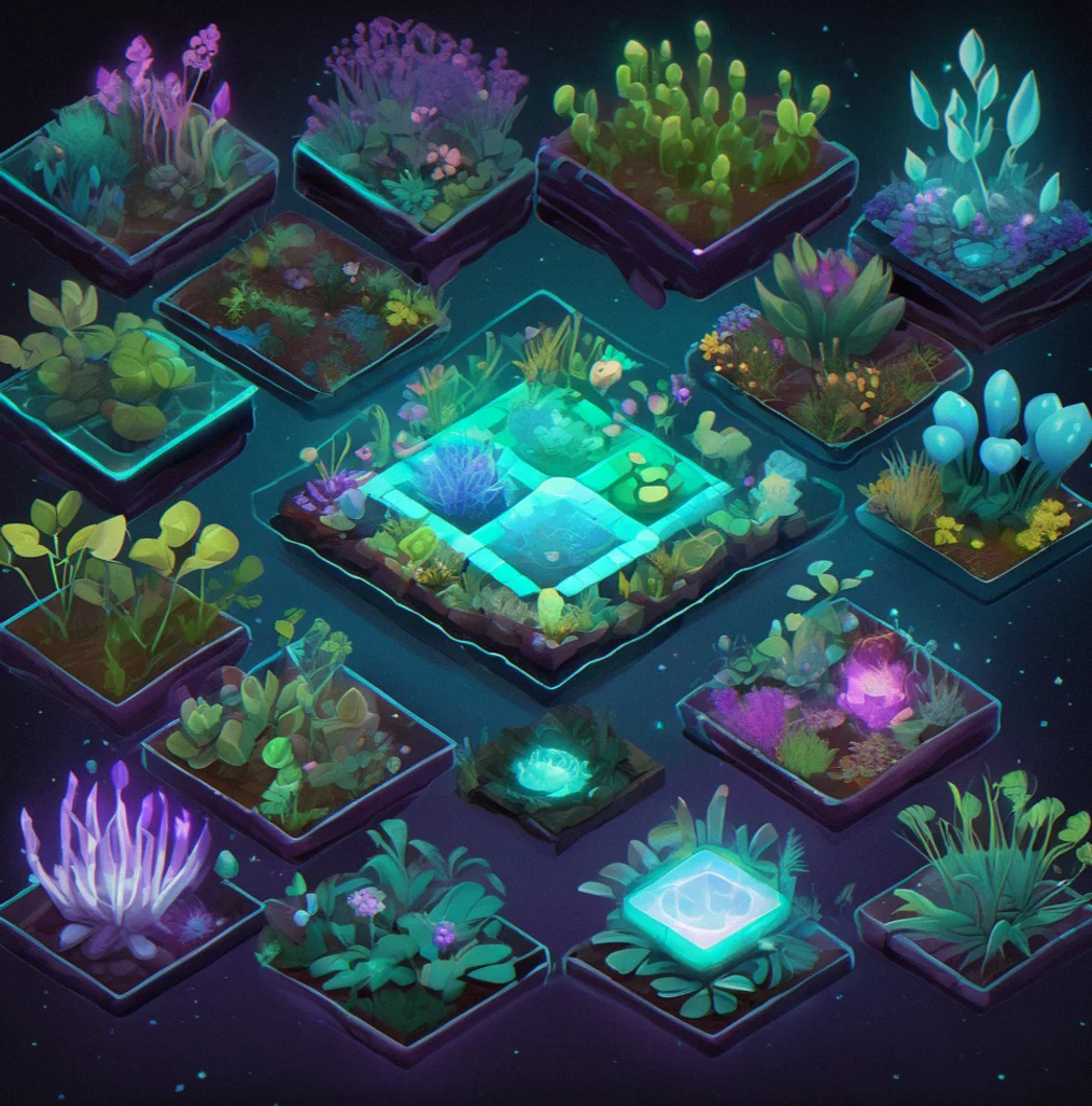 Eight modules fully grown with glowing channels carrying resources, bioluminescent glow filling the background