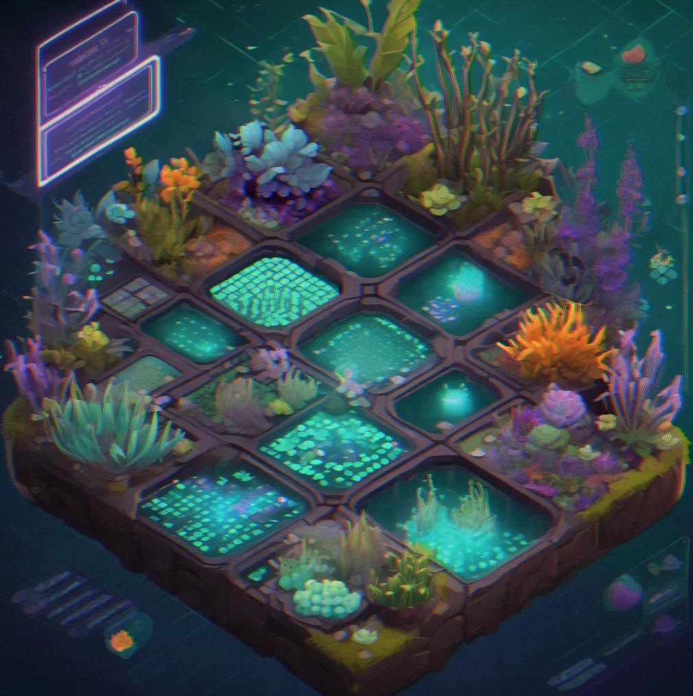 Menu showing plant colors in teal, purple, and amber, node styles in a grid, theme options below