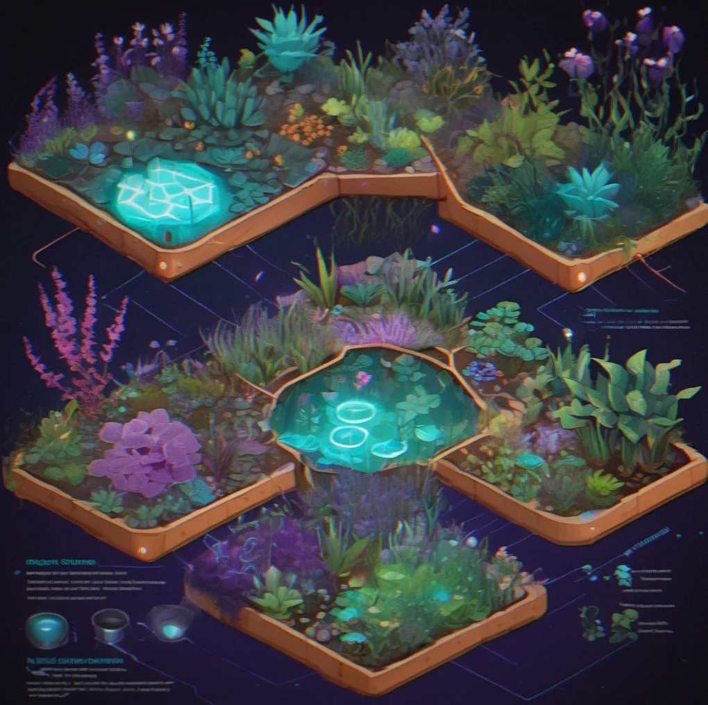 Five modules with hybrid nodes splitting into multiple paths, nutrient pools forming in several spots, energy branching out in different directions