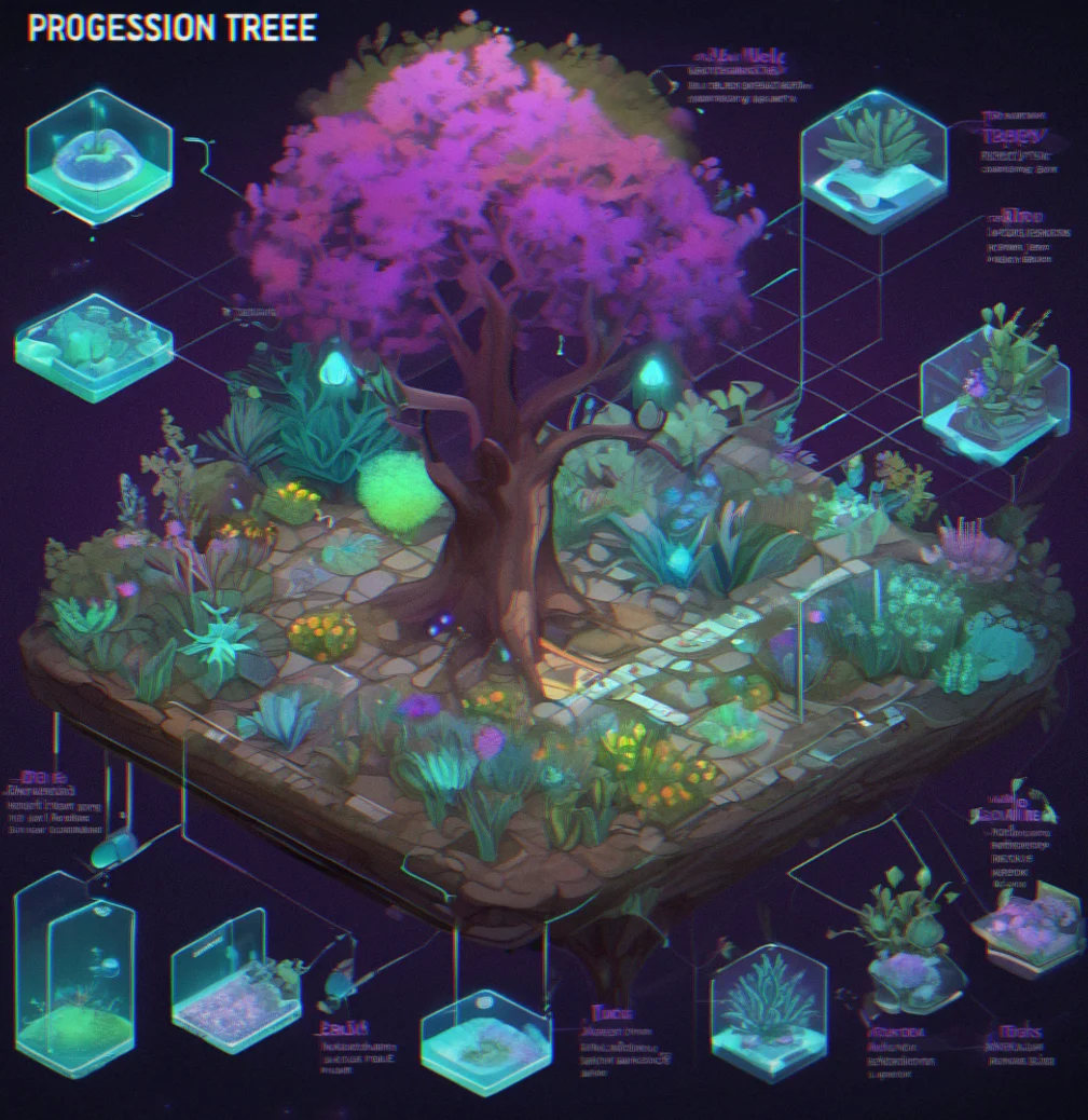 Progression tree showing available modules at top, locked ones grayed out below, lines showing what you need to unlock them