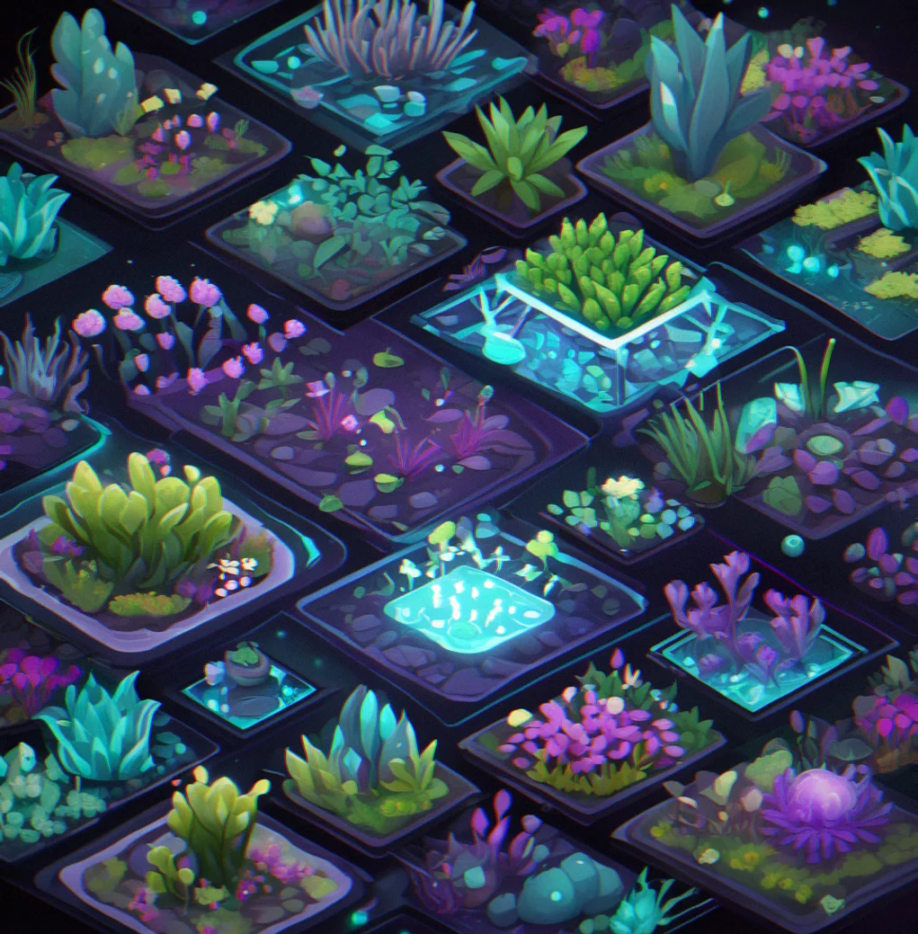 Phone displaying a custom garden with purple plants, teal nodes, dark theme with soft glowing details